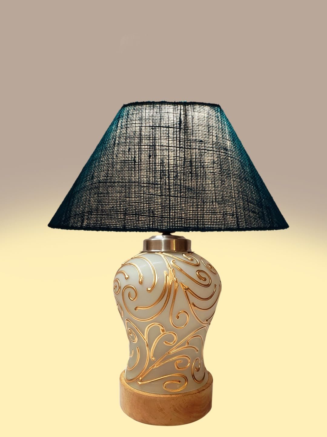 Conical Turquoise Jute Shade Lamp with Wood & Mosaic Glass Base for Decoration/Office/Home/Gifting/Study for Decoration/Office/Home/Gifting/Study -(10x10x14.5) Inches -J
