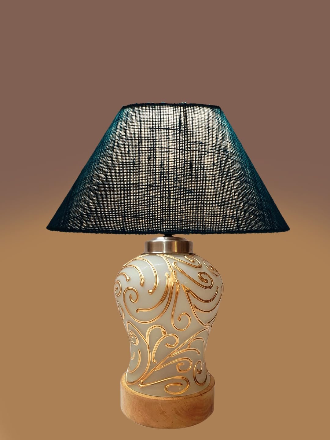 Conical Turquoise Jute Shade Lamp with Wood & Mosaic Glass Base for Decoration/Office/Home/Gifting/Study for Decoration/Office/Home/Gifting/Study -(10x10x14.5) Inches -J
