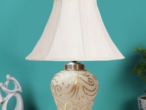 Off White Cotton Shade Lamp with Wood & Mosaic Glass Base for Decoration/Office/Home/Gifting/Study for Office/Home/Gifting -(12x12x16) Inches -