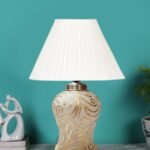 Off-White Knife Pleated Cotton Shade Lamp with Wood & Mosaic Glass Base for Decoration/Office/Home/Gifting/Study for Office/Home/Gifting -(12x12x16) Inches –