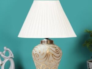 Off-White Knife Pleated Cotton Shade Lamp with Wood & Mosaic Glass Base for Decoration/Office/Home/Gifting/Study for Office/Home/Gifting -(12x12x16) Inches -