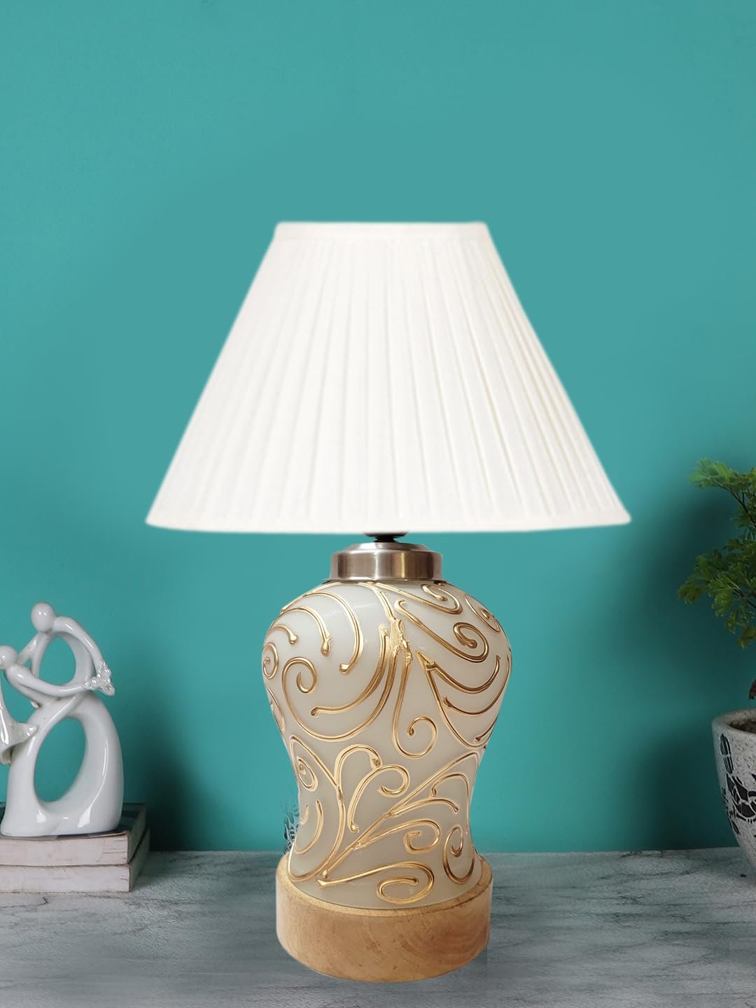 Off-White Knife Pleated Cotton Shade Lamp with Wood & Mosaic Glass Base for Decoration/Office/Home/Gifting/Study for Office/Home/Gifting -(12x12x16) Inches -