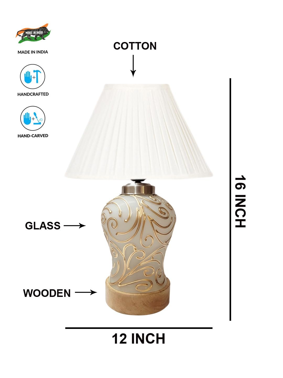 Off-White Knife Pleated Cotton Shade Lamp with Wood & Mosaic Glass Base for Decoration/Office/Home/Gifting/Study for Office/Home/Gifting -(12x12x16) Inches -