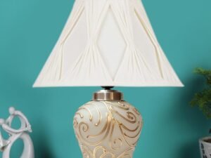 Off-White Curtain Pleated Cotton Shade Lamp with Wood & Mosaic Glass Base for Decoration/Office/Home/Gifting/Study for Office/Home/Gifting -(12x12x16) Inches -