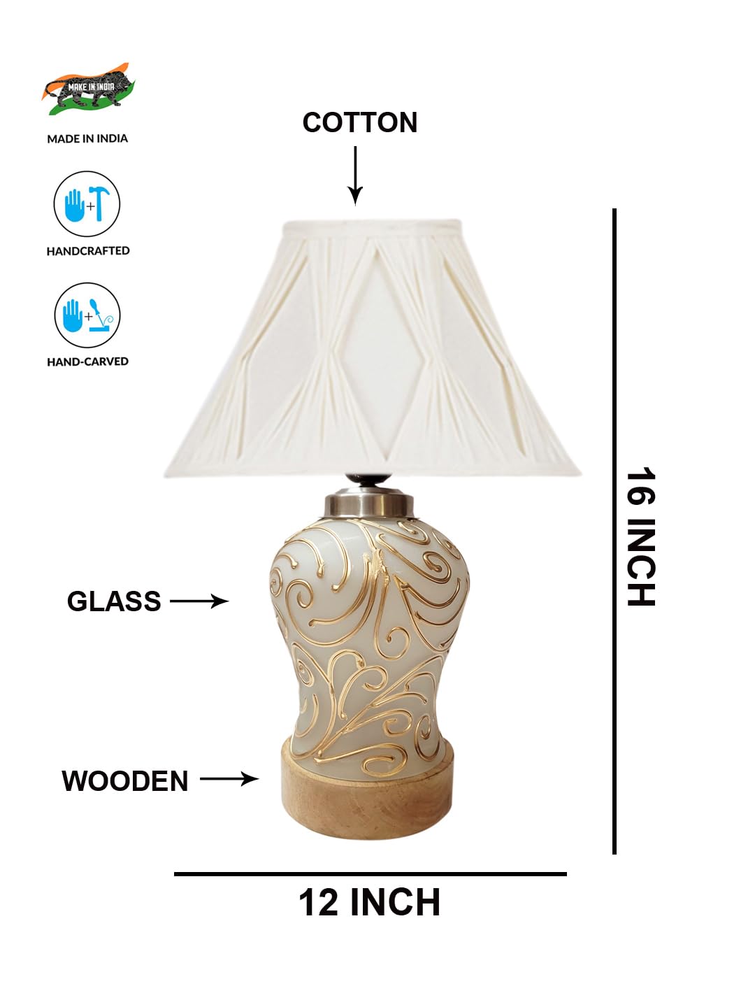 Off-White Curtain Pleated Cotton Shade Lamp with Wood & Mosaic Glass Base for Decoration/Office/Home/Gifting/Study for Office/Home/Gifting -(12x12x16) Inches -
