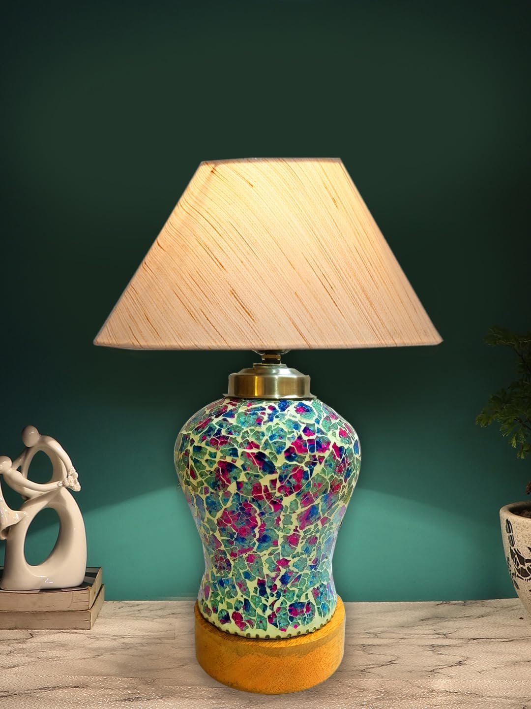 Conical Off White Cotton Shade Lamp with Wood & Mosaic Glass Base for Decoration/Office/Home/Gifting/Study for Decoration/Office/Home/Gifting/Study -(10x10x14.5) Inches -P