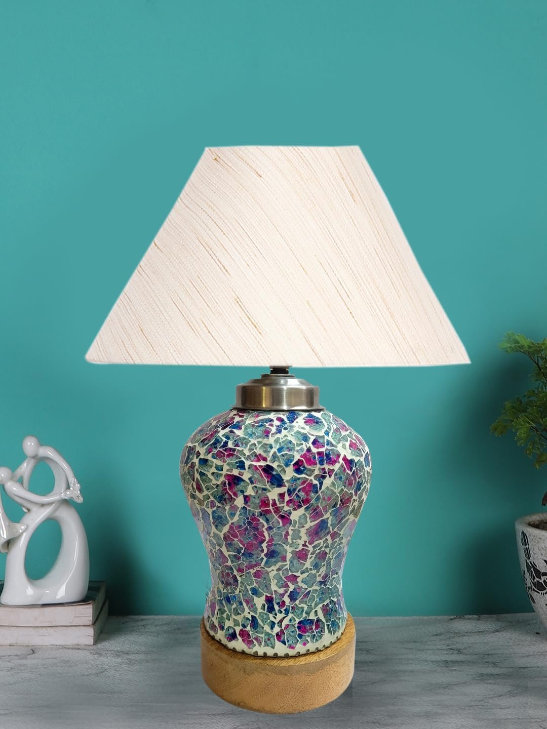 Conical Off White Cotton Shade Lamp with Wood & Mosaic Glass Base for Decoration/Office/Home/Gifting/Study for Decoration/Office/Home/Gifting/Study -(10x10x14.5) Inches -P