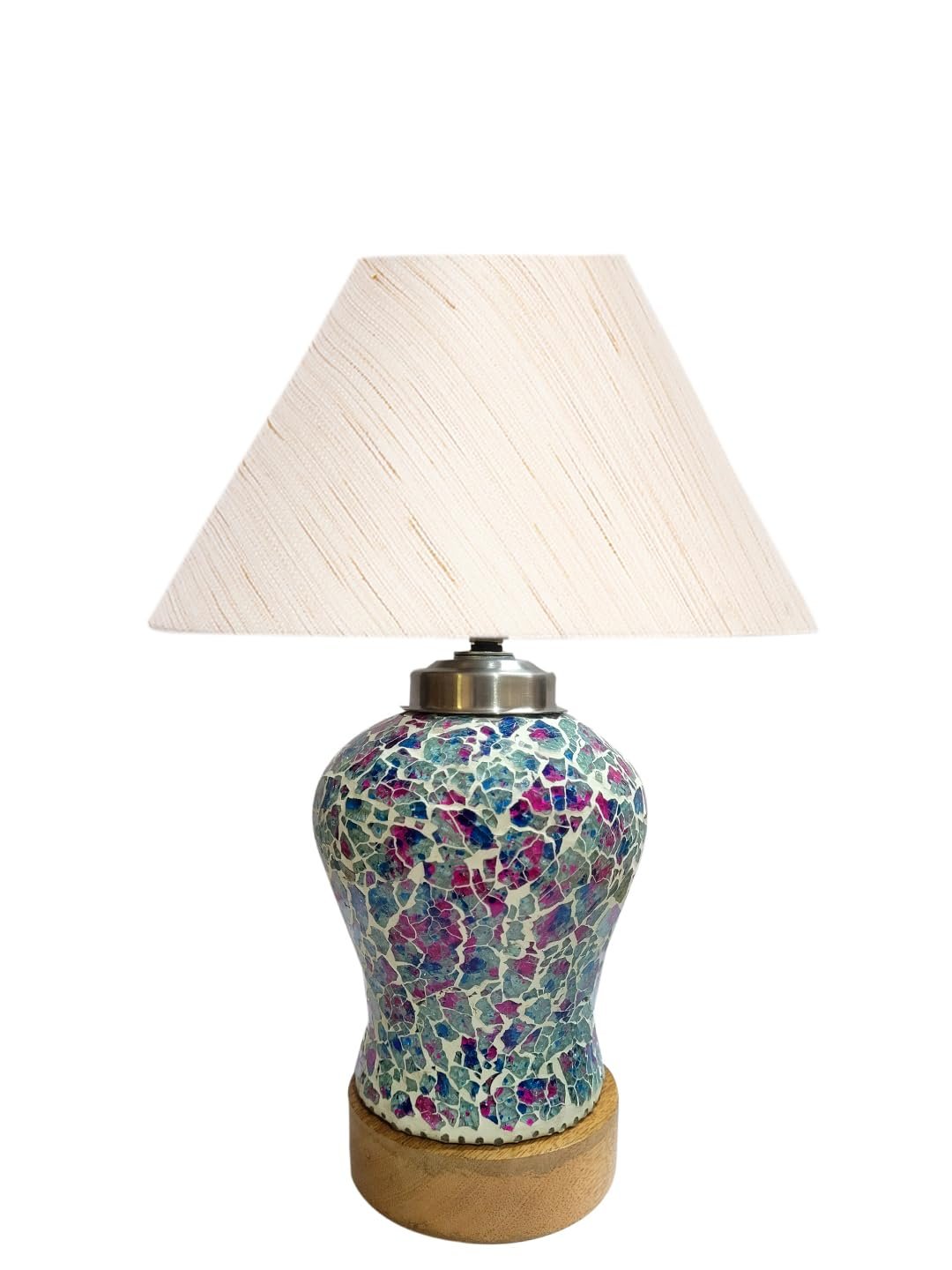 Conical Off White Cotton Shade Lamp with Wood & Mosaic Glass Base for Decoration/Office/Home/Gifting/Study for Decoration/Office/Home/Gifting/Study -(10x10x14.5) Inches -P