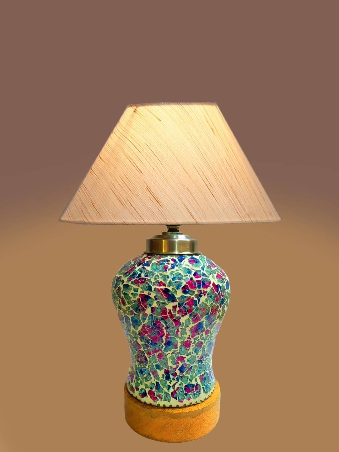 Conical Off White Cotton Shade Lamp with Wood & Mosaic Glass Base for Decoration/Office/Home/Gifting/Study for Decoration/Office/Home/Gifting/Study -(10x10x14.5) Inches -P