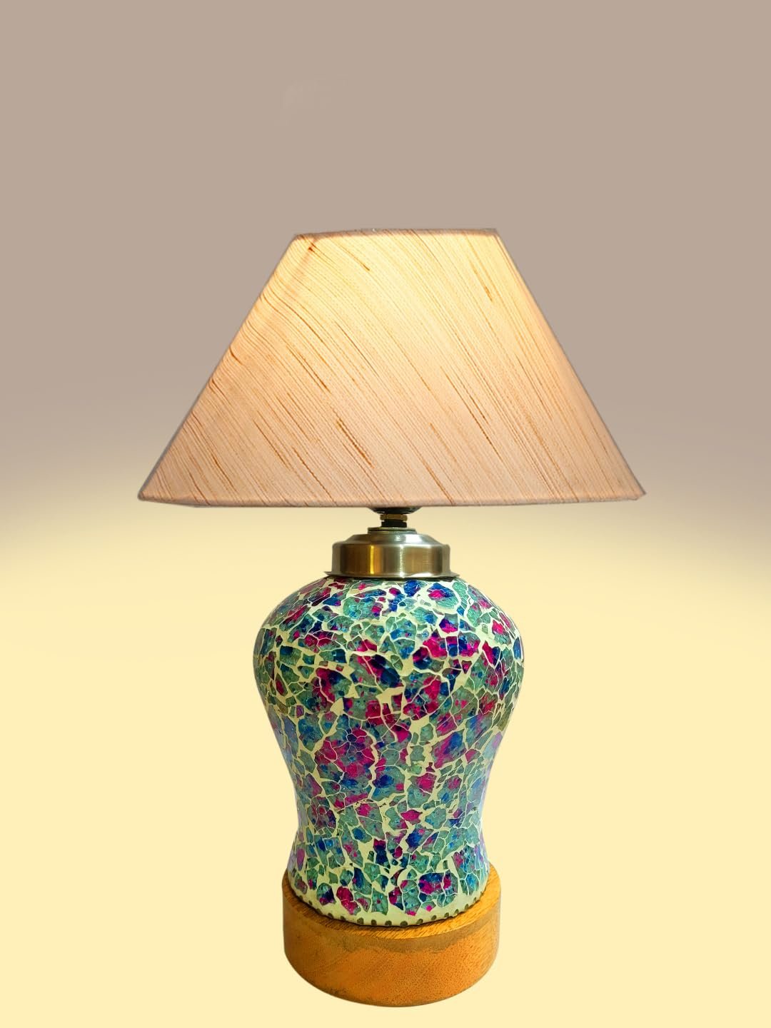 Conical Off White Cotton Shade Lamp with Wood & Mosaic Glass Base for Decoration/Office/Home/Gifting/Study for Decoration/Office/Home/Gifting/Study -(10x10x14.5) Inches -P