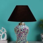 Conical Black Cotton Shade Lamp with Wood & Mosaic Glass Base for Decoration/Office/Home/Gifting/Study for Decoration/Office/Home/Gifting/Study -(10x10x14.5) Inches –