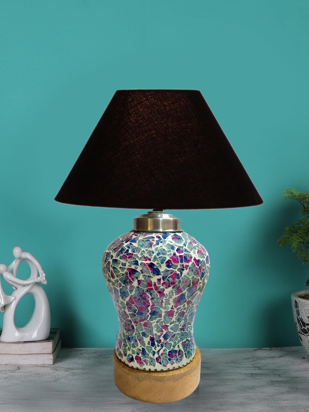 Conical Black Cotton Shade Lamp with Wood & Mosaic Glass Base for Decoration/Office/Home/Gifting/Study for Decoration/Office/Home/Gifting/Study -(10x10x14.5) Inches -