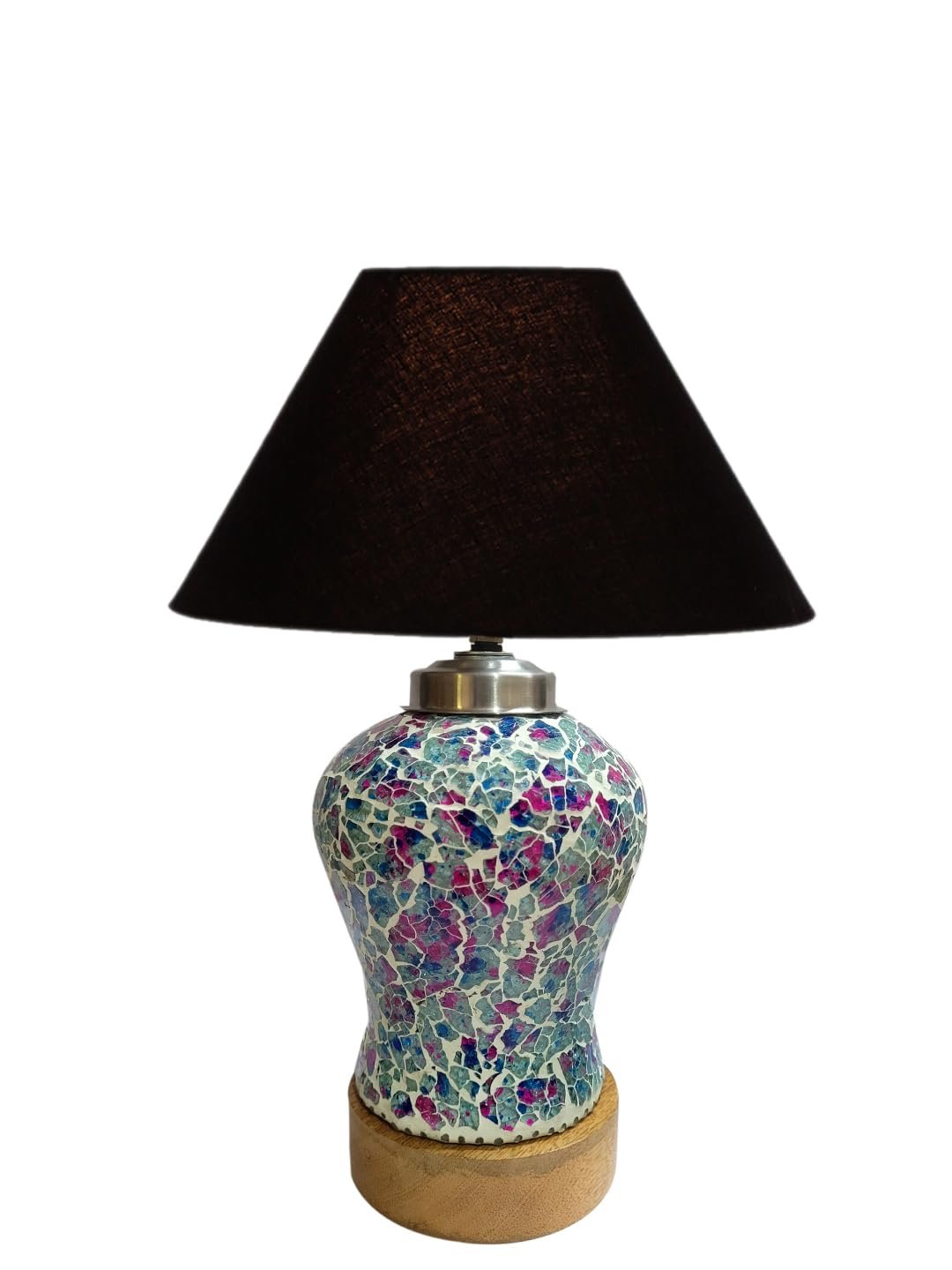 Conical Black Cotton Shade Lamp with Wood & Mosaic Glass Base for Decoration/Office/Home/Gifting/Study for Decoration/Office/Home/Gifting/Study -(10x10x14.5) Inches -