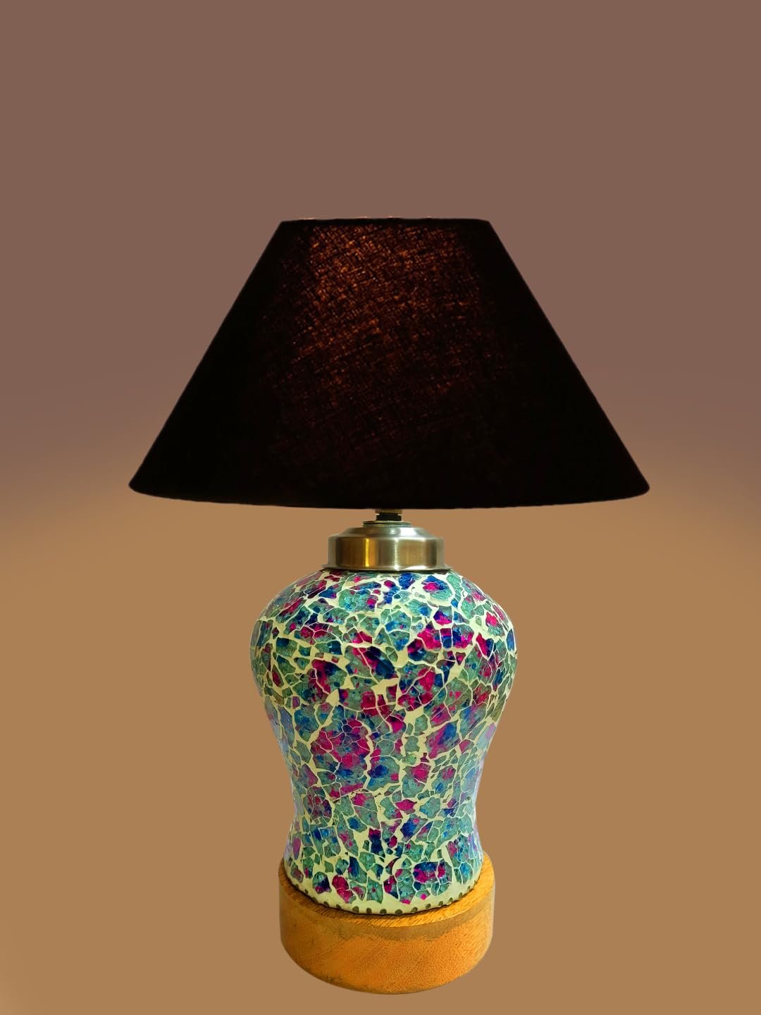 Conical Black Cotton Shade Lamp with Wood & Mosaic Glass Base for Decoration/Office/Home/Gifting/Study for Decoration/Office/Home/Gifting/Study -(10x10x14.5) Inches -
