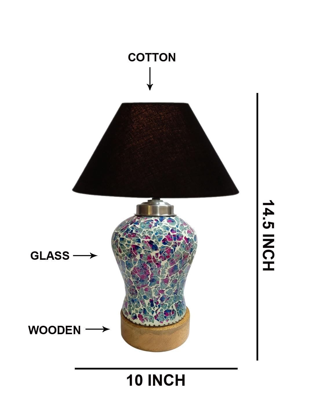 Conical Black Cotton Shade Lamp with Wood & Mosaic Glass Base for Decoration/Office/Home/Gifting/Study for Decoration/Office/Home/Gifting/Study -(10x10x14.5) Inches -
