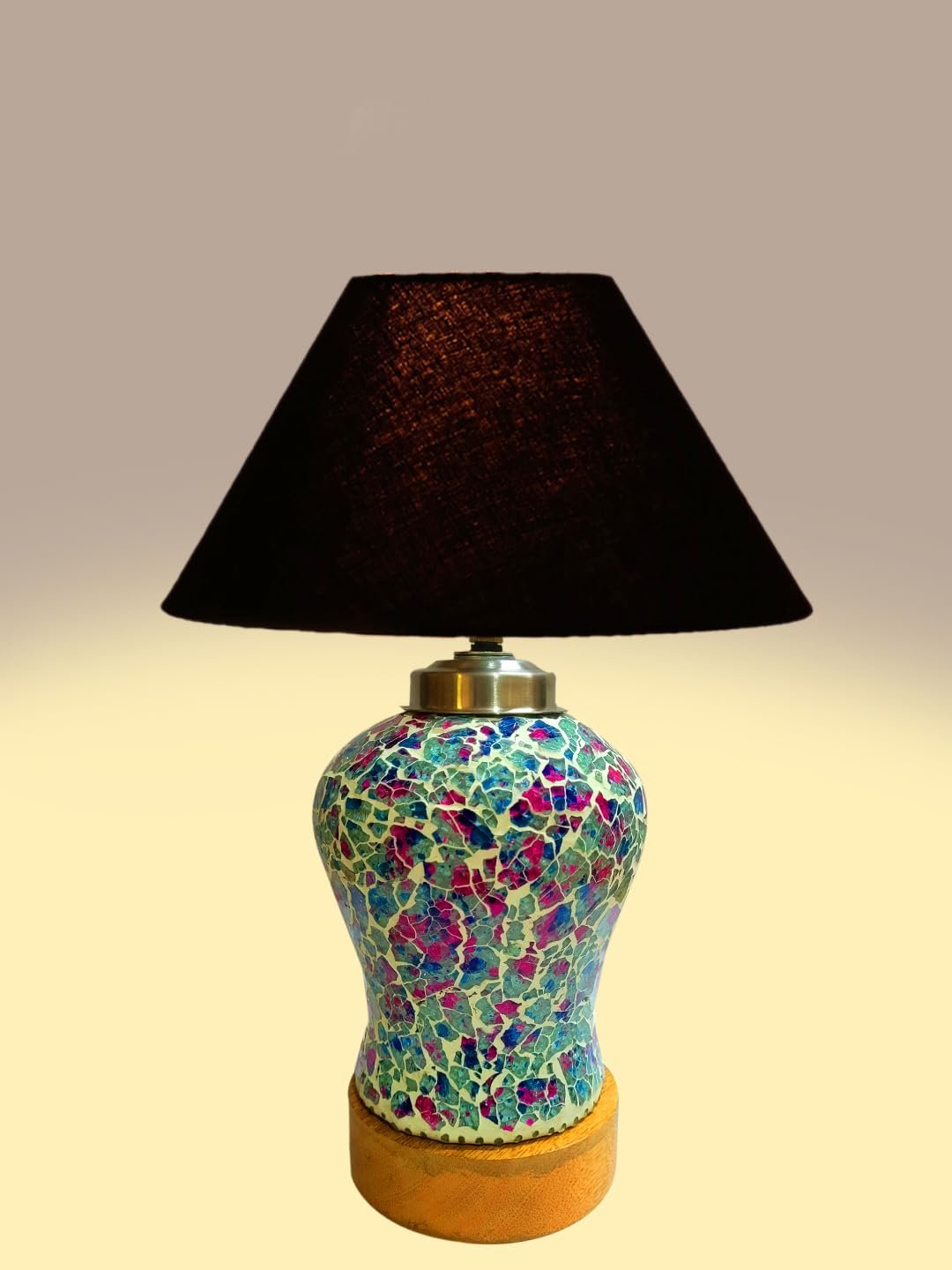 Conical Black Cotton Shade Lamp with Wood & Mosaic Glass Base for Decoration/Office/Home/Gifting/Study for Decoration/Office/Home/Gifting/Study -(10x10x14.5) Inches -