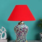 Conical Red Cotton Shade Lamp with Wood & MosaicGlass Base for Decoration/Office/Home/Gifting/Study for Decoration/Office/Home/Gifting/Study -(10x10x14.5) Inches -Q
