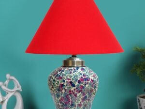 Conical Red Cotton Shade Lamp with Wood & MosaicGlass Base for Decoration/Office/Home/Gifting/Study for Decoration/Office/Home/Gifting/Study -(10x10x14.5) Inches -Q