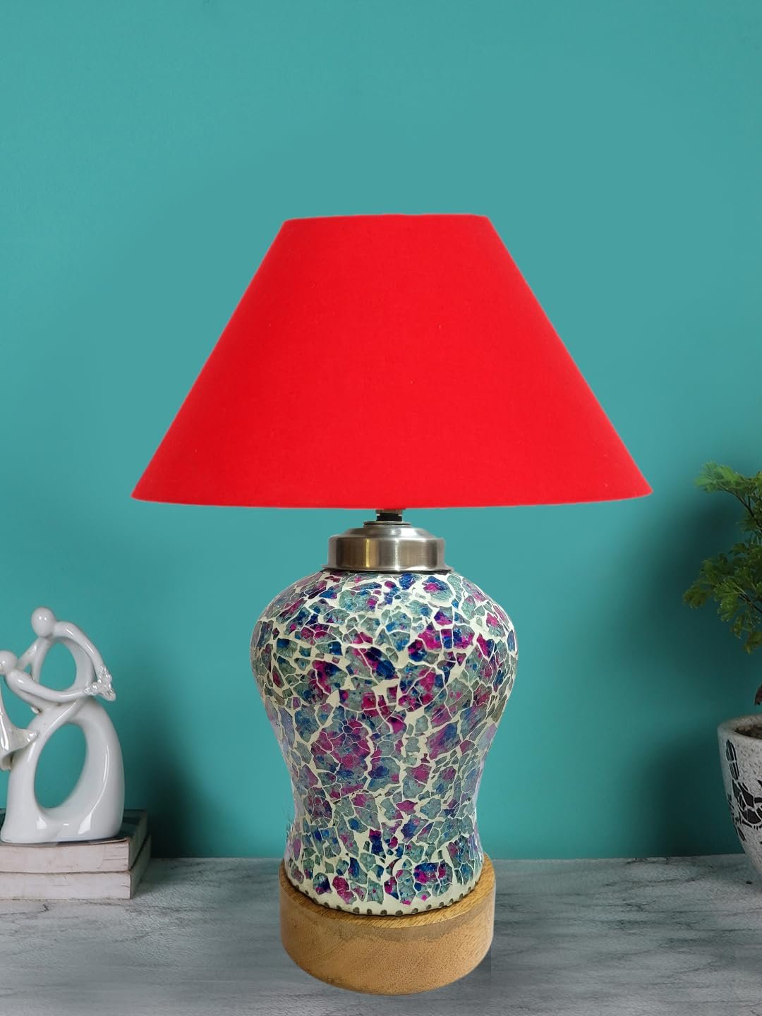 Conical Red Cotton Shade Lamp with Wood & MosaicGlass Base for Decoration/Office/Home/Gifting/Study for Decoration/Office/Home/Gifting/Study -(10x10x14.5) Inches -Q