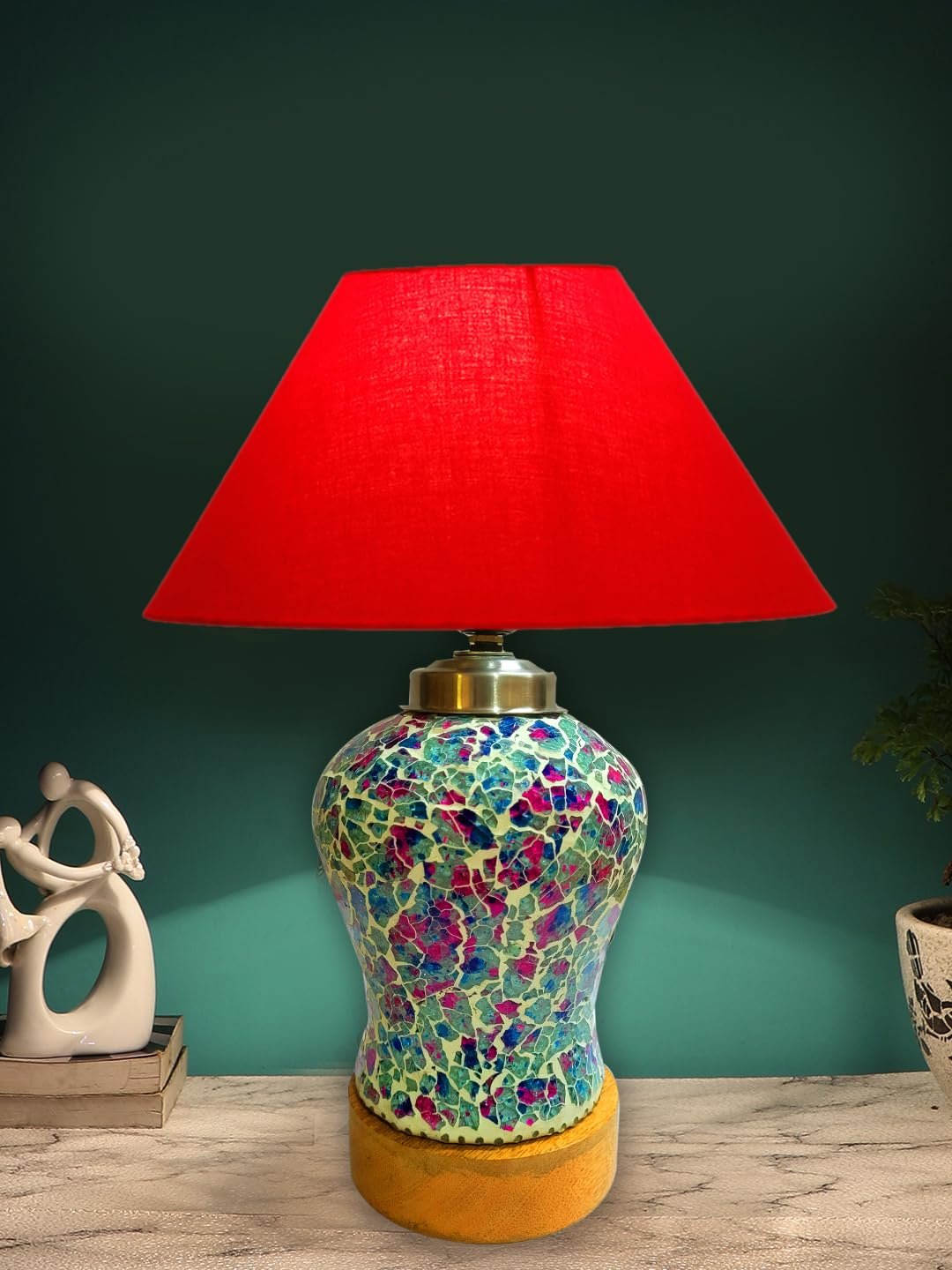 Conical Red Cotton Shade Lamp with Wood & MosaicGlass Base for Decoration/Office/Home/Gifting/Study for Decoration/Office/Home/Gifting/Study -(10x10x14.5) Inches -Q