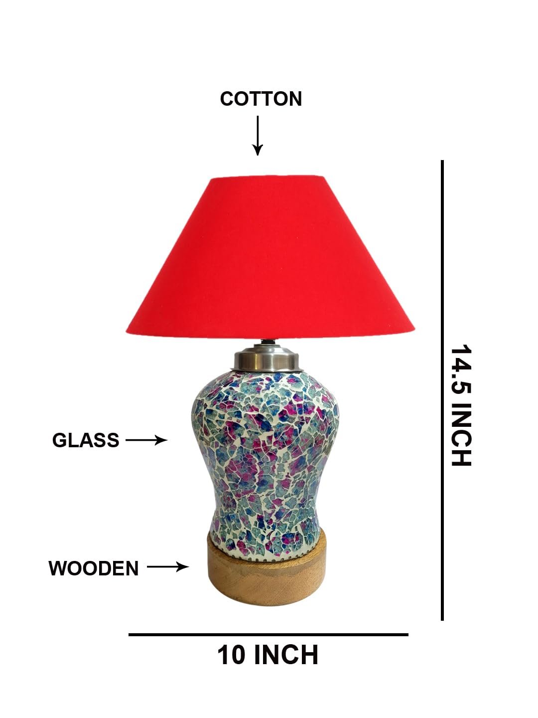 Conical Red Cotton Shade Lamp with Wood & MosaicGlass Base for Decoration/Office/Home/Gifting/Study for Decoration/Office/Home/Gifting/Study -(10x10x14.5) Inches -Q