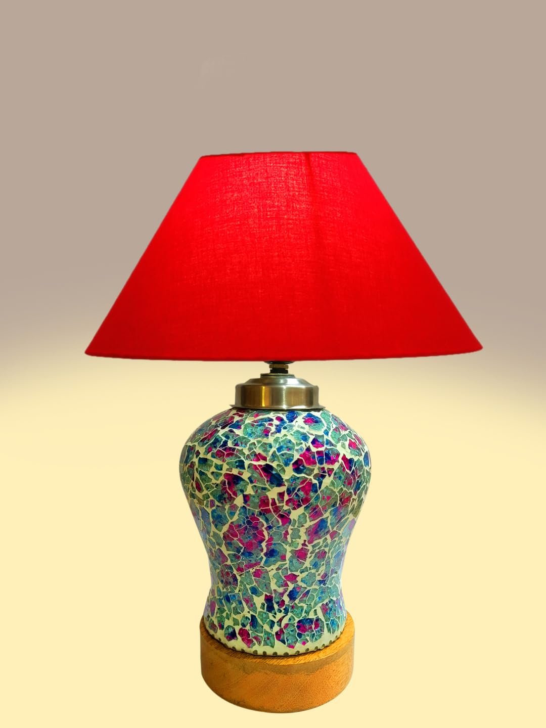 Conical Red Cotton Shade Lamp with Wood & MosaicGlass Base for Decoration/Office/Home/Gifting/Study for Decoration/Office/Home/Gifting/Study -(10x10x14.5) Inches -Q