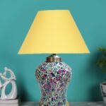 Conical Yellow Cotton Shade Lamp with Wood & Mosaic Glass Base for Decoration/Office/Home/Gifting/Study for Decoration/Office/Home/Gifting/Study -(10x10x14.5) Inches -R