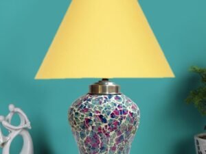 Conical Yellow Cotton Shade Lamp with Wood & Mosaic Glass Base for Decoration/Office/Home/Gifting/Study for Decoration/Office/Home/Gifting/Study -(10x10x14.5) Inches -R