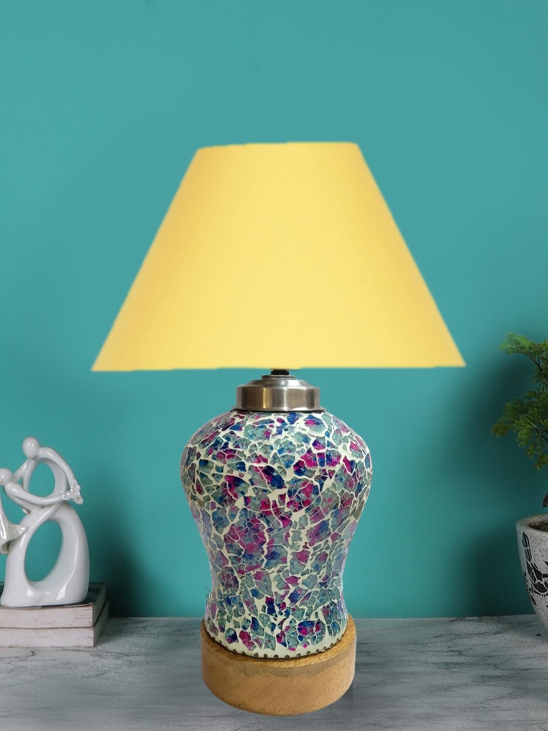 Conical Yellow Cotton Shade Lamp with Wood & Mosaic Glass Base for Decoration/Office/Home/Gifting/Study for Decoration/Office/Home/Gifting/Study -(10x10x14.5) Inches -R