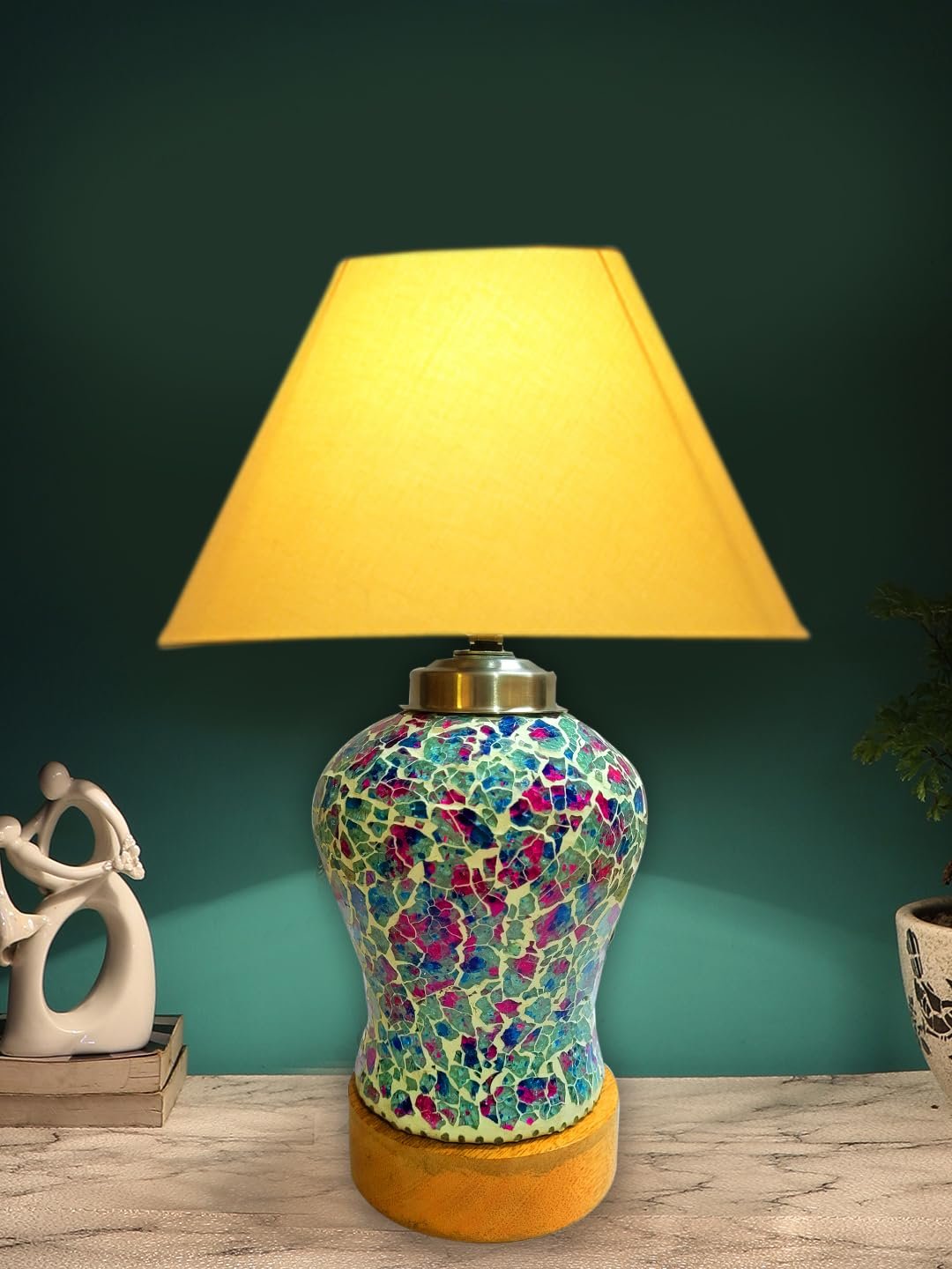 Conical Yellow Cotton Shade Lamp with Wood & Mosaic Glass Base for Decoration/Office/Home/Gifting/Study for Decoration/Office/Home/Gifting/Study -(10x10x14.5) Inches -R