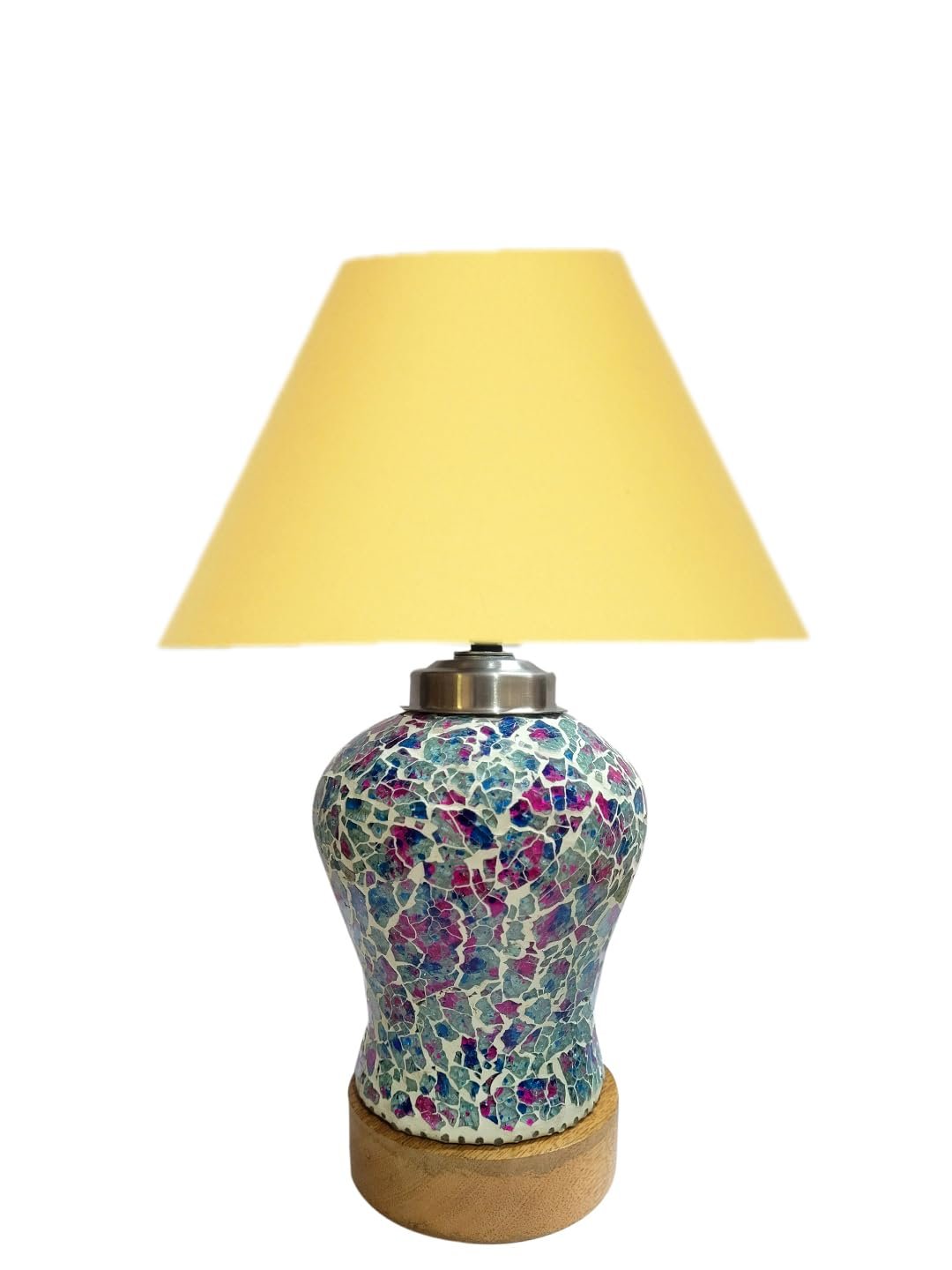 Conical Yellow Cotton Shade Lamp with Wood & Mosaic Glass Base for Decoration/Office/Home/Gifting/Study for Decoration/Office/Home/Gifting/Study -(10x10x14.5) Inches -R