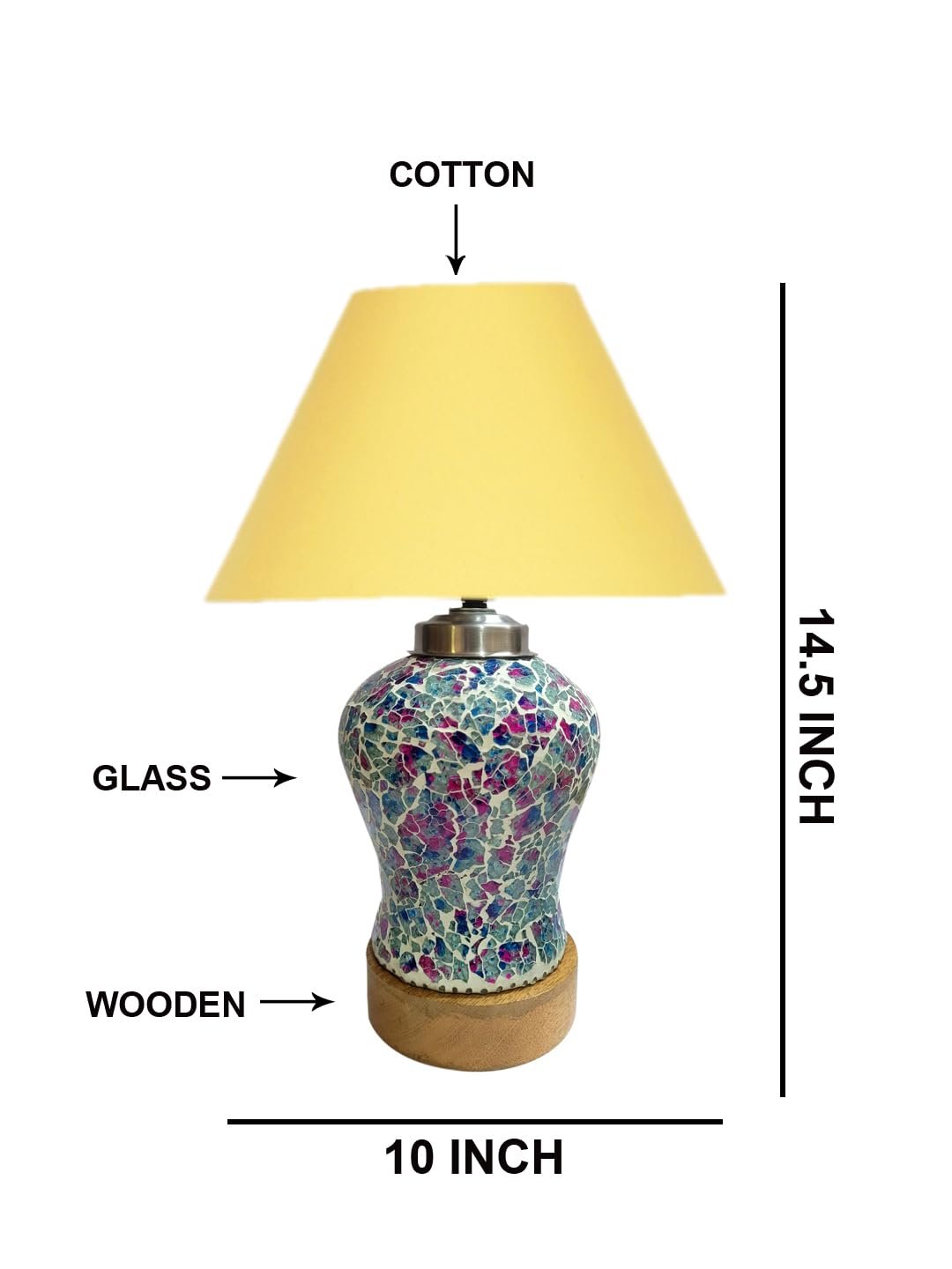Conical Yellow Cotton Shade Lamp with Wood & Mosaic Glass Base for Decoration/Office/Home/Gifting/Study for Decoration/Office/Home/Gifting/Study -(10x10x14.5) Inches -R