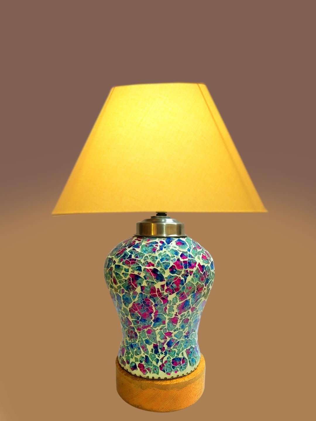 Conical Yellow Cotton Shade Lamp with Wood & Mosaic Glass Base for Decoration/Office/Home/Gifting/Study for Decoration/Office/Home/Gifting/Study -(10x10x14.5) Inches -R