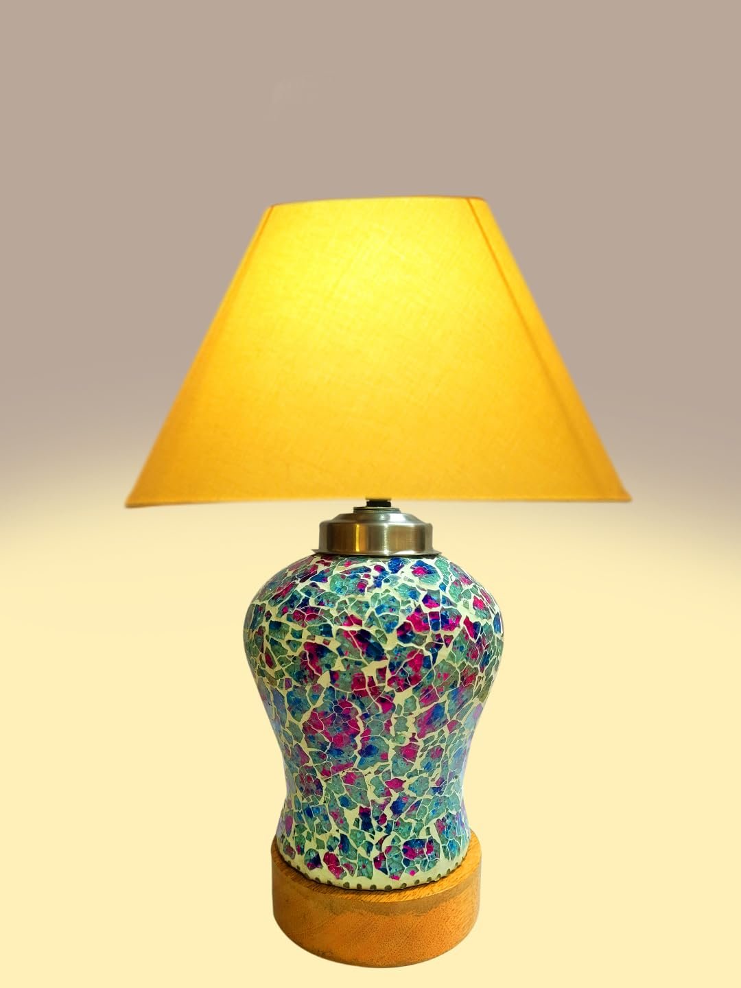 Conical Yellow Cotton Shade Lamp with Wood & Mosaic Glass Base for Decoration/Office/Home/Gifting/Study for Decoration/Office/Home/Gifting/Study -(10x10x14.5) Inches -R