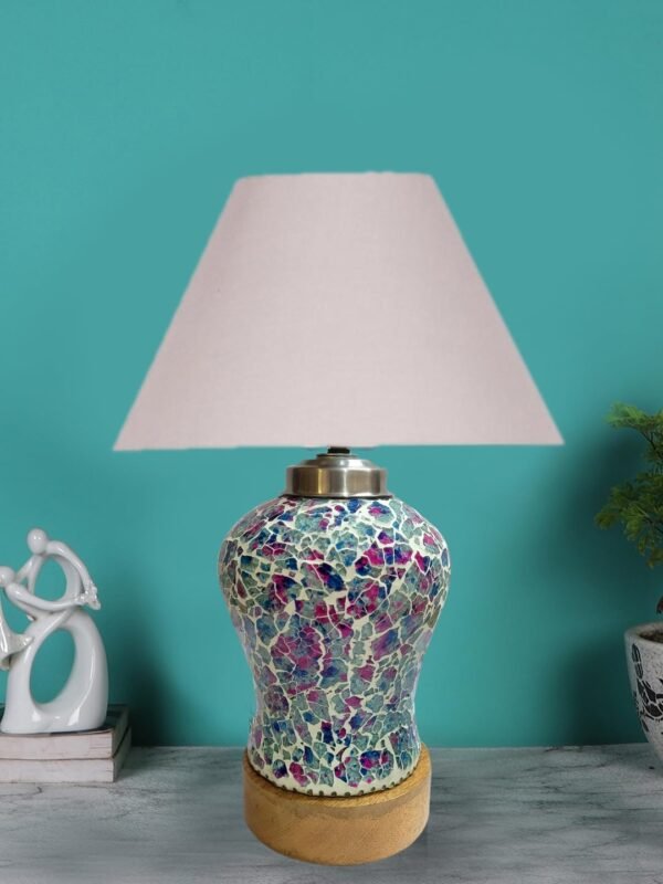 Conical Grey Cotton Shade Lamp with Wood & MosaicGlass Base for Decoration/Office/Home/Gifting/Study for Decoration/Office/Home/Gifting/Study -(10x10x14.5) Inches -S