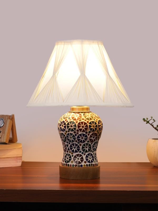Multicolor Table Lamp | Artistic Mosaic Glass with Sturdy Wood Base | Decorative Ambient Light for Home D�cor | Perfect Blend of Modern & Traditional Style - Model DG320