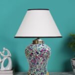 Conical White & Black Cotton Shade Lamp with Wood & MosaicGlass Base for Decoration/Office/Home/Gifting/Study for Decoration/Office/Home/Gifting/Study -(10x10x14.5) Inches -T