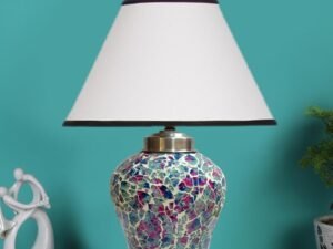 Conical White & Black Cotton Shade Lamp with Wood & MosaicGlass Base for Decoration/Office/Home/Gifting/Study for Decoration/Office/Home/Gifting/Study -(10x10x14.5) Inches -T