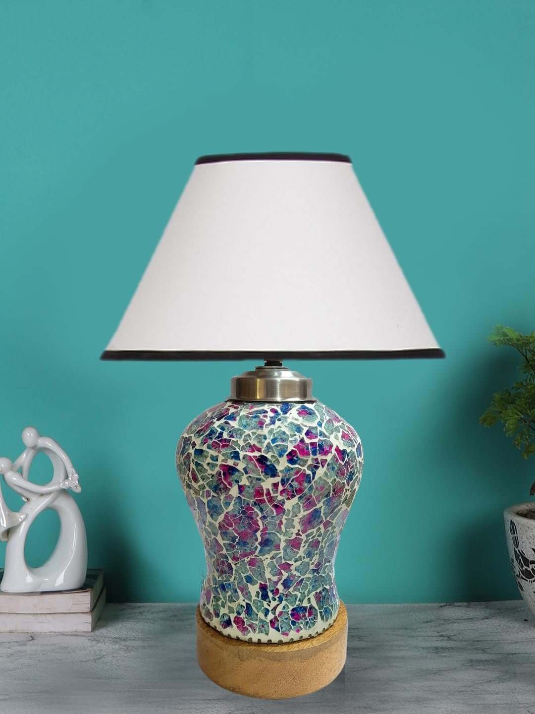 Conical White & Black Cotton Shade Lamp with Wood & MosaicGlass Base for Decoration/Office/Home/Gifting/Study for Decoration/Office/Home/Gifting/Study -(10x10x14.5) Inches -T
