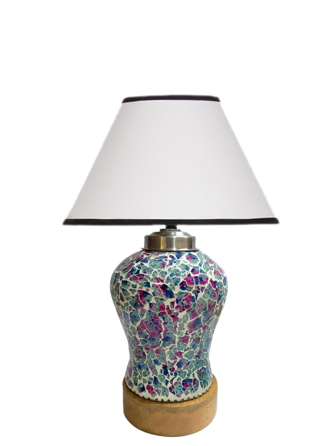 Conical White & Black Cotton Shade Lamp with Wood & MosaicGlass Base for Decoration/Office/Home/Gifting/Study for Decoration/Office/Home/Gifting/Study -(10x10x14.5) Inches -T