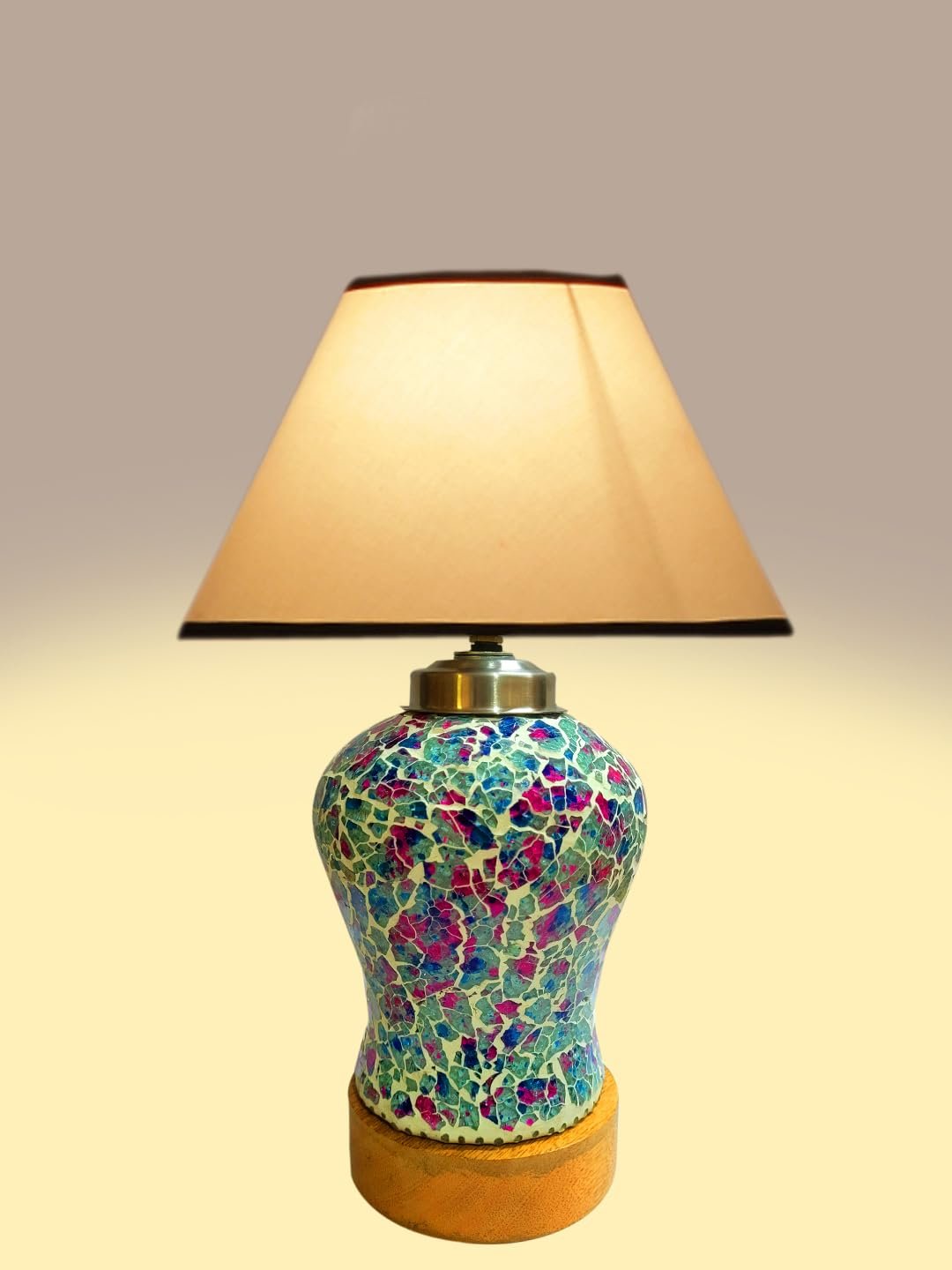 Conical White & Black Cotton Shade Lamp with Wood & MosaicGlass Base for Decoration/Office/Home/Gifting/Study for Decoration/Office/Home/Gifting/Study -(10x10x14.5) Inches -T