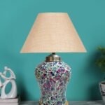 Conical Beige Jute Shade Lamp with Wood & MosaicGlass Base for Decoration/Office/Home/Gifting/Study for Decoration/Office/Home/Gifting/Study -(10x10x14.5) Inches -88