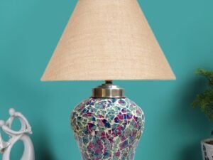 Conical Beige Jute Shade Lamp with Wood & MosaicGlass Base for Decoration/Office/Home/Gifting/Study for Decoration/Office/Home/Gifting/Study -(10x10x14.5) Inches -88