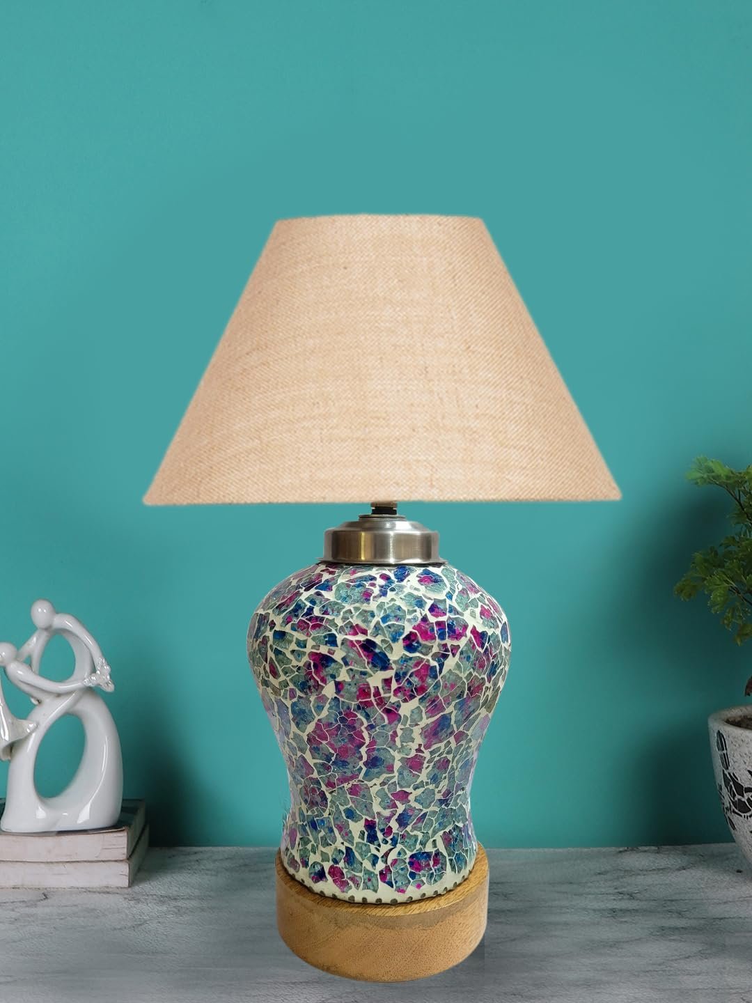 Conical Beige Jute Shade Lamp with Wood & MosaicGlass Base for Decoration/Office/Home/Gifting/Study for Decoration/Office/Home/Gifting/Study -(10x10x14.5) Inches -88