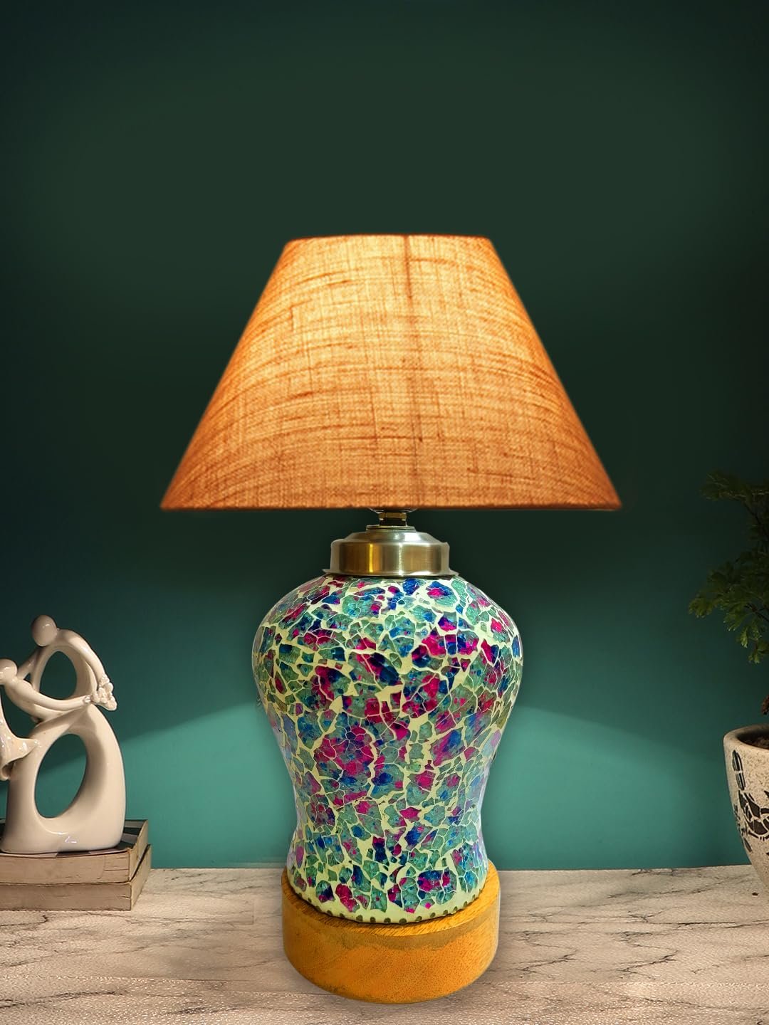 Conical Beige Jute Shade Lamp with Wood & MosaicGlass Base for Decoration/Office/Home/Gifting/Study for Decoration/Office/Home/Gifting/Study -(10x10x14.5) Inches -88