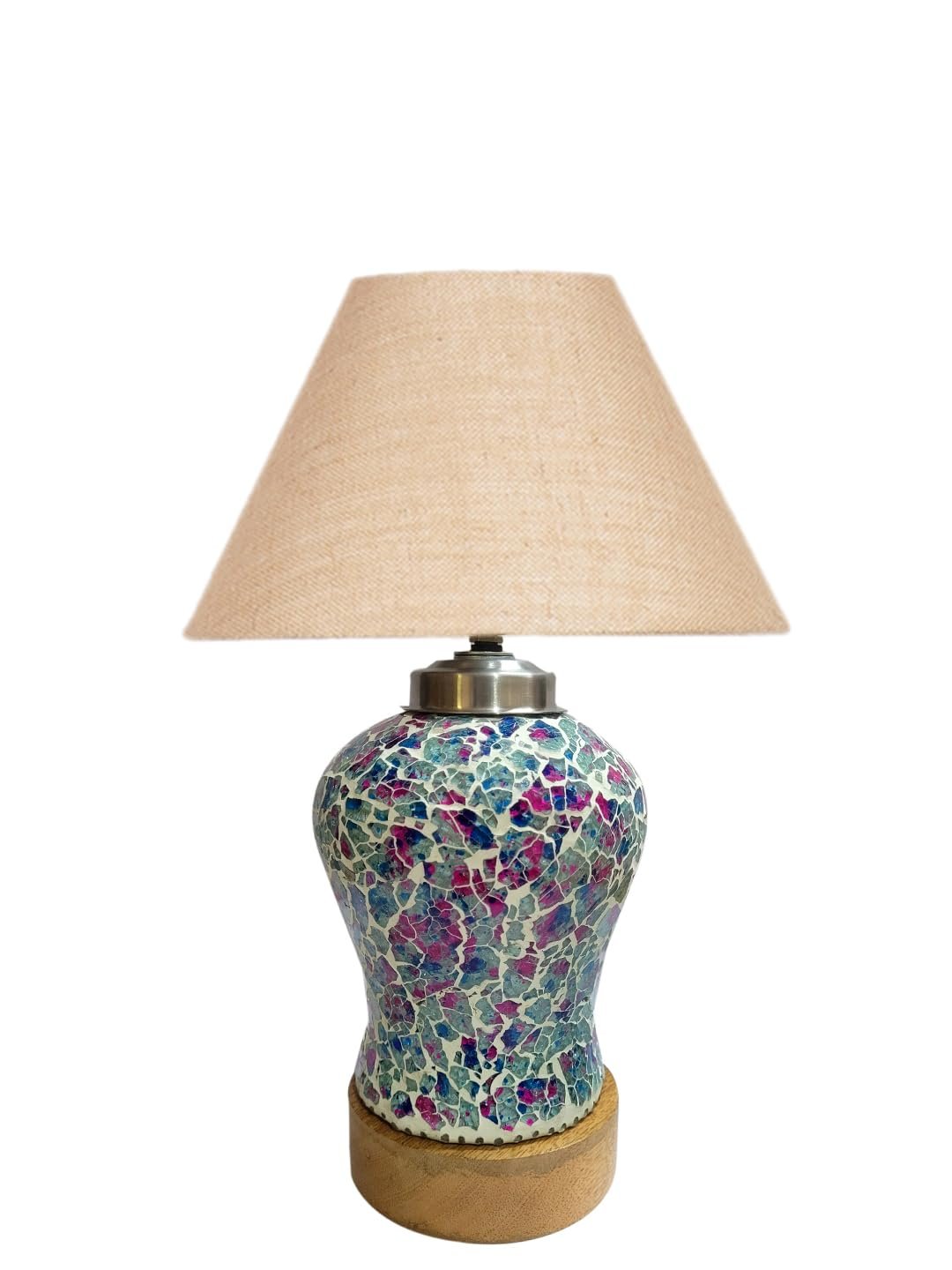 Conical Beige Jute Shade Lamp with Wood & MosaicGlass Base for Decoration/Office/Home/Gifting/Study for Decoration/Office/Home/Gifting/Study -(10x10x14.5) Inches -88