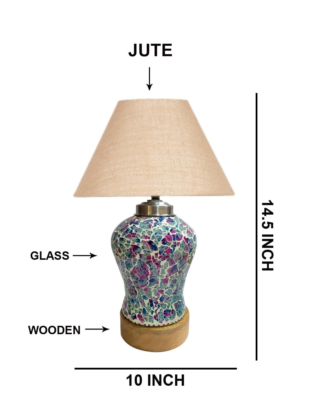 Conical Beige Jute Shade Lamp with Wood & MosaicGlass Base for Decoration/Office/Home/Gifting/Study for Decoration/Office/Home/Gifting/Study -(10x10x14.5) Inches -88