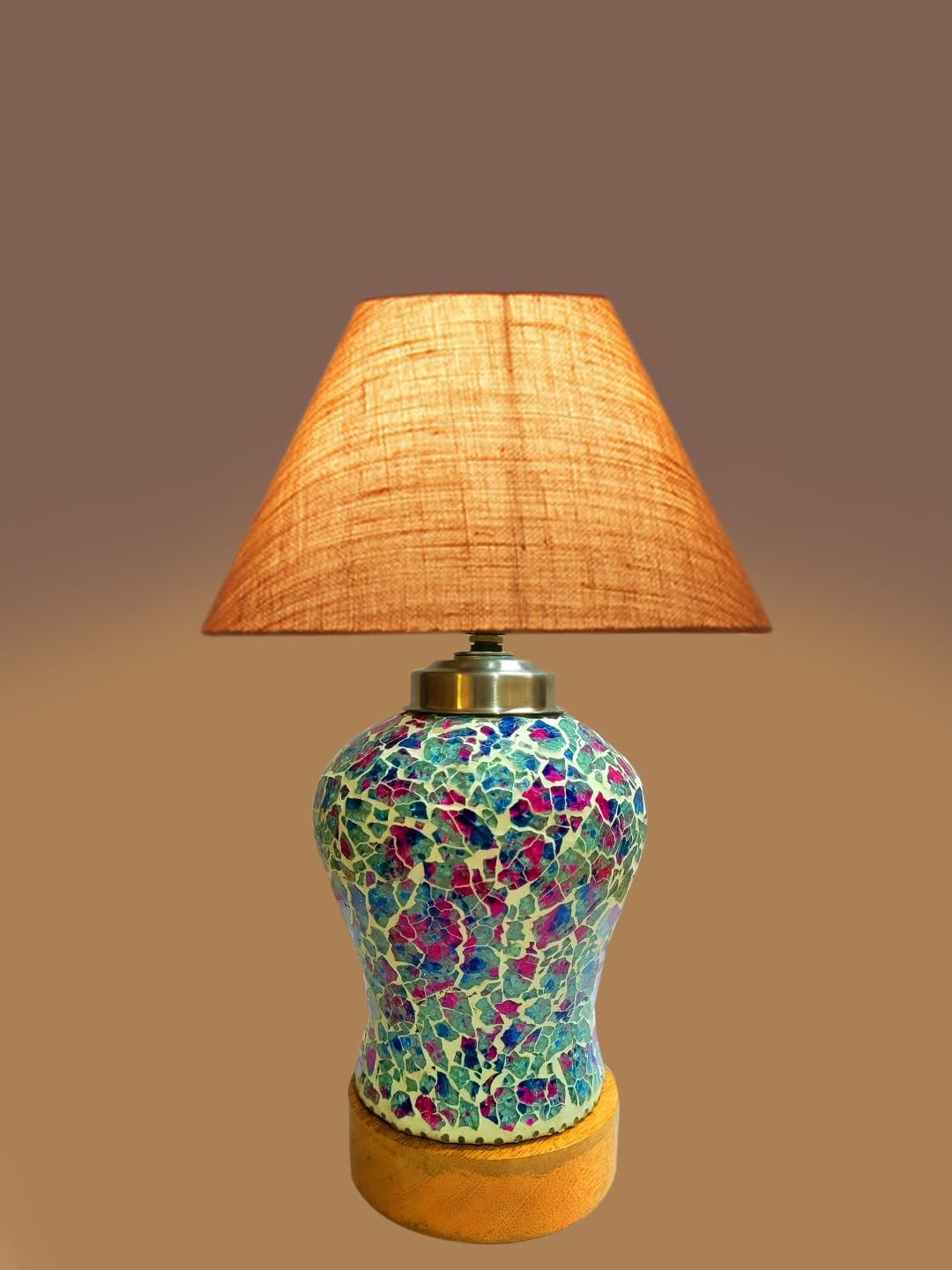 Conical Beige Jute Shade Lamp with Wood & MosaicGlass Base for Decoration/Office/Home/Gifting/Study for Decoration/Office/Home/Gifting/Study -(10x10x14.5) Inches -88