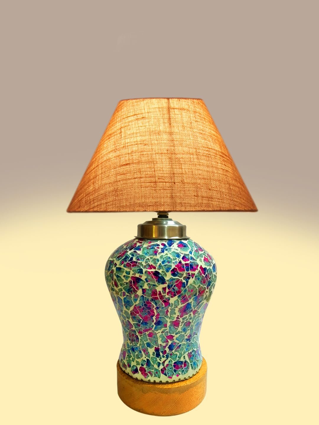 Conical Beige Jute Shade Lamp with Wood & MosaicGlass Base for Decoration/Office/Home/Gifting/Study for Decoration/Office/Home/Gifting/Study -(10x10x14.5) Inches -88