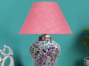 Conical Pink Jute Shade Lamp with Wood & MosaicGlass Base for Decoration/Office/Home/Gifting/Study for Decoration/Office/Home/Gifting/Study -(10x10x14.5) Inches -